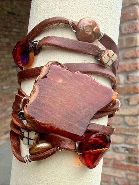 Handcrafted Brown Leather Wrap Bracelet with Amber Stone